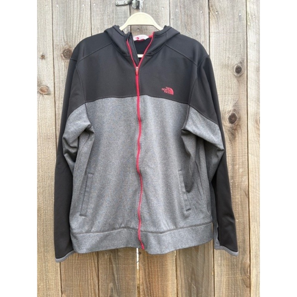 The North Face Mens Full Zip Hoodie Jacket Black Grey‎ Red Accent Size XL
